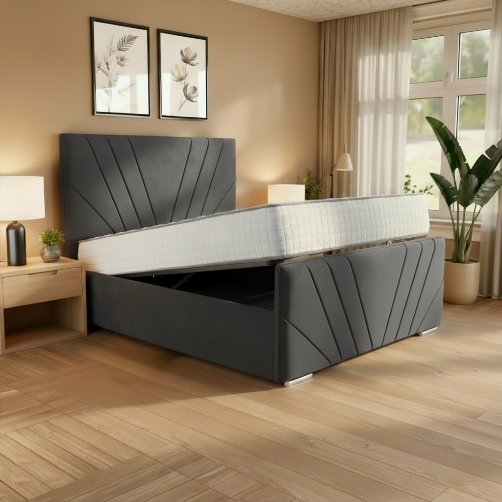 Bali Sunset Upholstered Ottoman Bed - Steel Plush Velvet